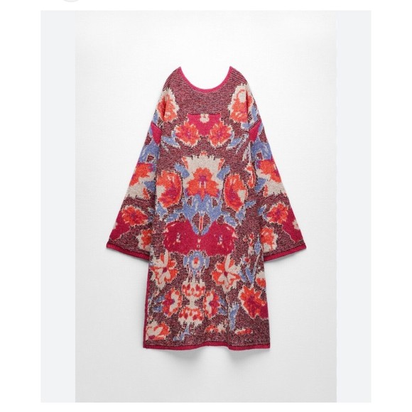 NWT Zara S red floral jacquard tunic long sweater oversize - Picture 1 of 14